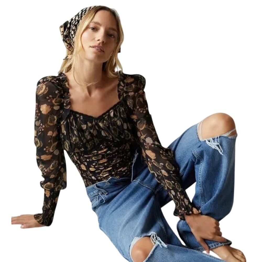 Free People Brunch Date Bodysuit Black Floral XS
